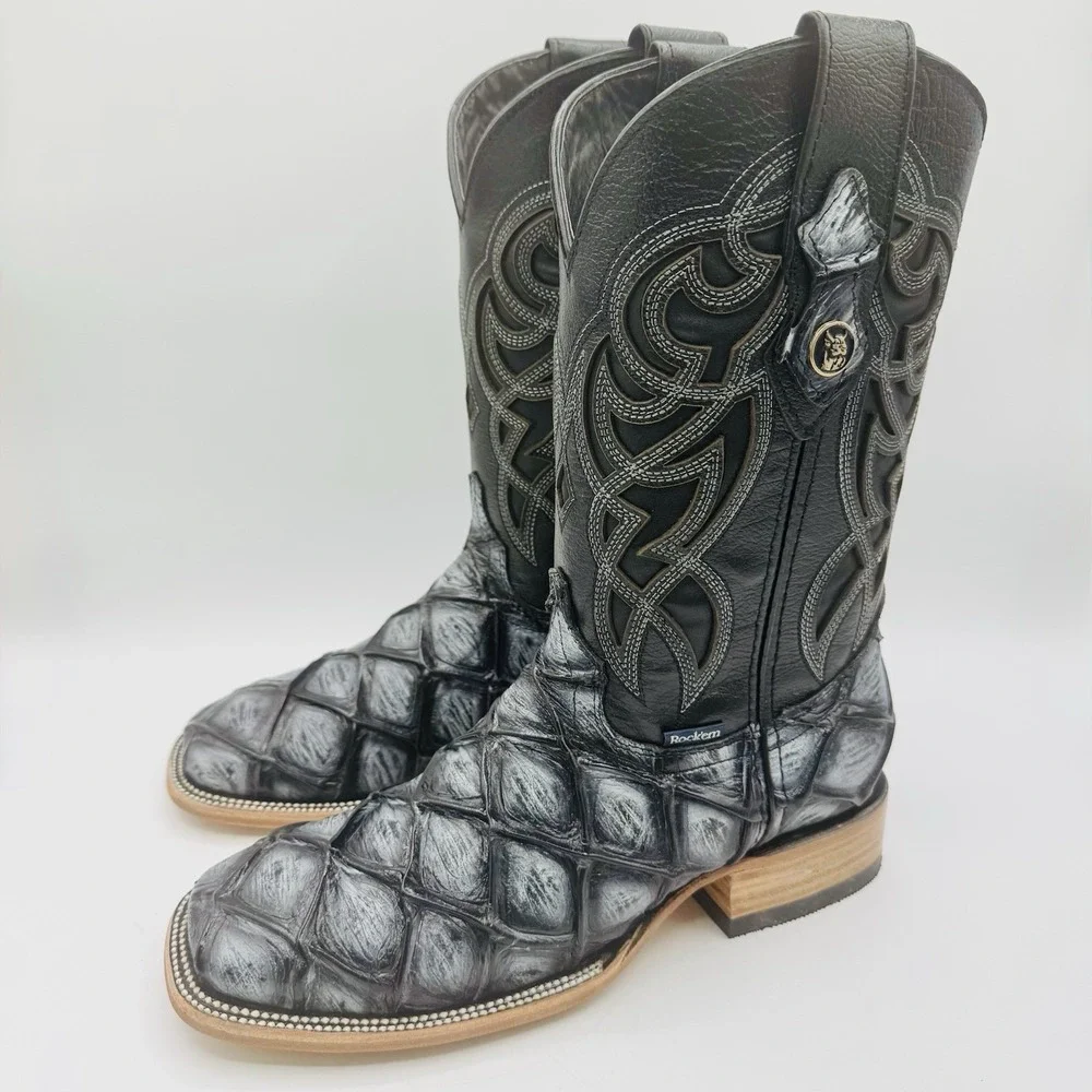 Rock'em Big Bass Print Boots Men's Size 7.5 EE‎ Black Leather  Square Toe